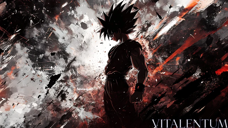 Silhouetted anime warrior stands amid explosive energy storm.