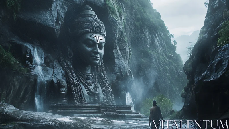 Colossal stone deity carved into misty rainforest gorge.