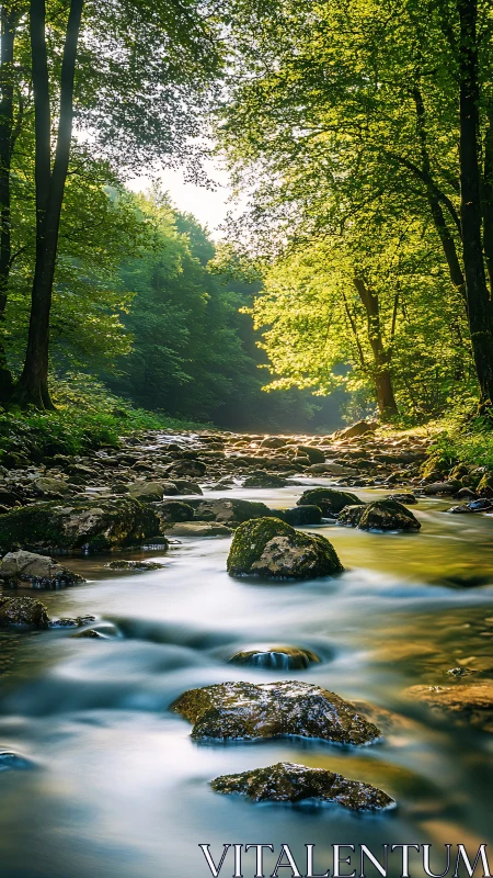 Sunlit forest stream stretches like poured liquid glass