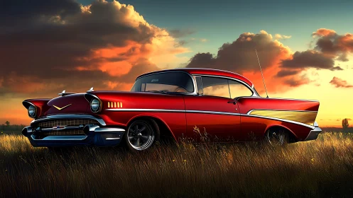 Photorealistic classic car in sunset prairie environment.