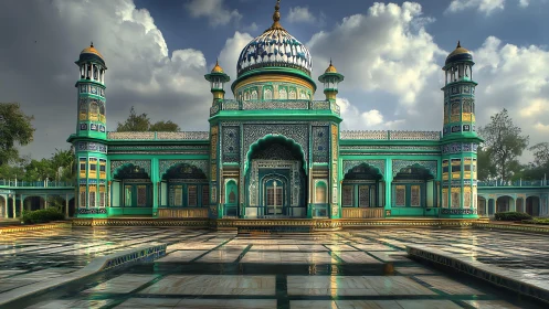 Ornate turquoise mosque facade reflects on wet marble courtyard