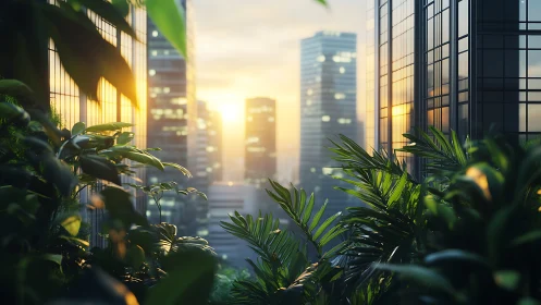 Sunlit rooftop jungle embracing a glassy future skyline.
