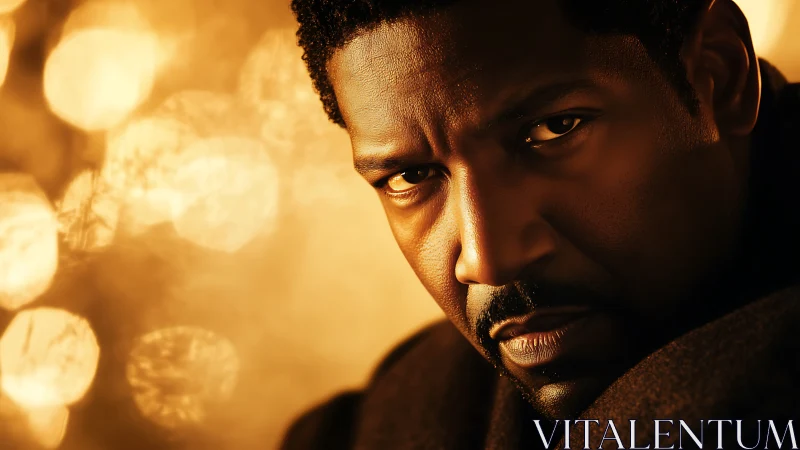 Intense male portrait in dramatic golden bokeh light.