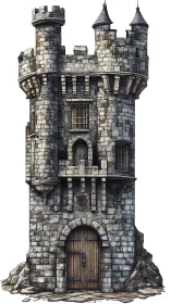 Medieval stone watchtower rises over rocky fortified base