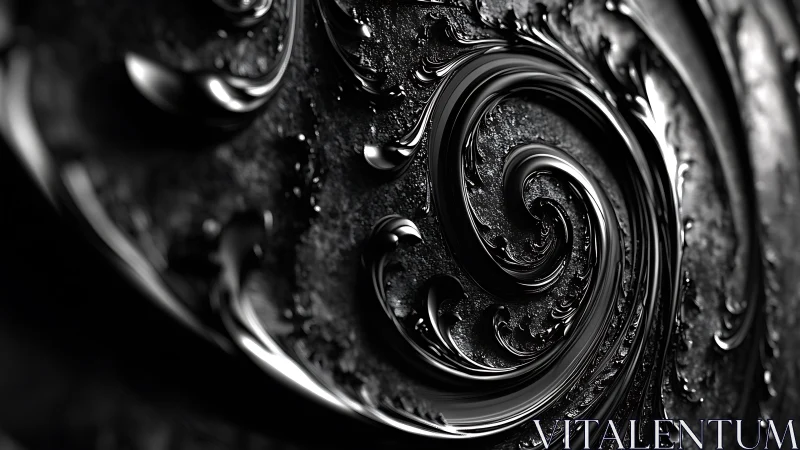 High-gloss black metallic spiral fractal with liquid reflections