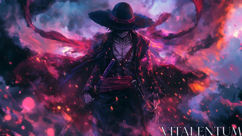 Sword-wielding wanderer in ember-lit storm cloud vortex