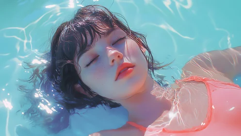 Dreamlike pool portrait of serene girl in soft light.