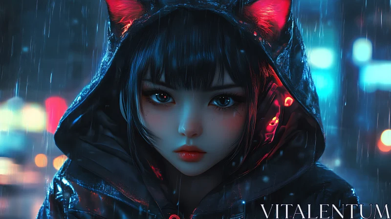 Neon rain crowns the cat eared girl in electric hush