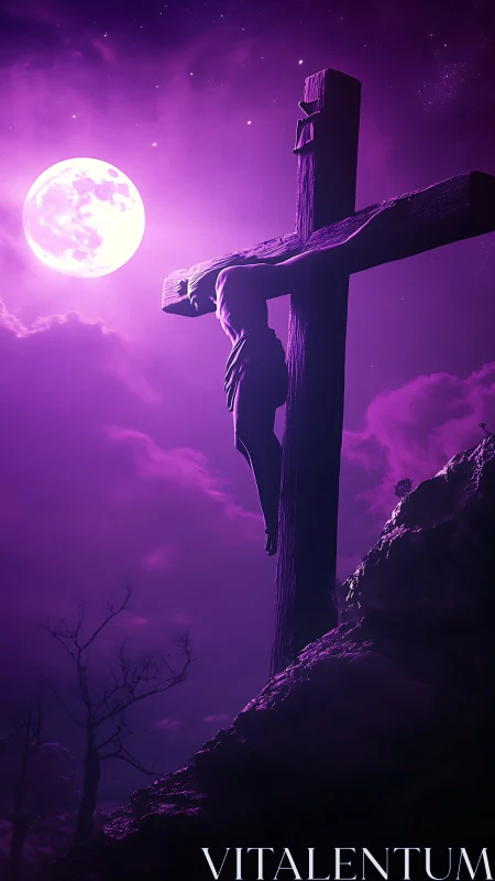 Crucifix silhouette under violet moonlit storm sky