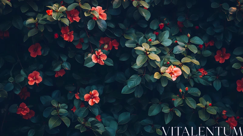 Red and Coral Blooms Flourish Among Dark Green Foliage