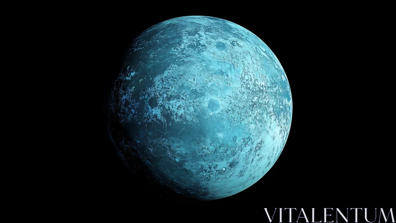 Icy blue planet sphere against deep black space background.