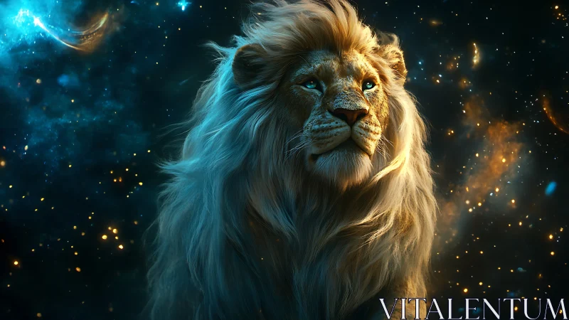 Lion with luminous mane rendered against dense star field
