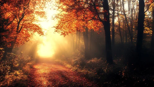 Radiant autumn forest path bathed in golden sunrise light.
