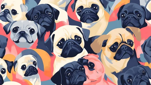 Colorful pug portraits form a lively seamless pattern.