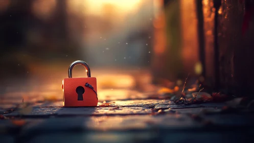 Orange padlock rests on cobblestone path in warm sunset glow