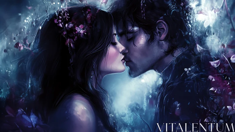 Ethereal embrace. Lovers kiss amid cosmic floral realm.