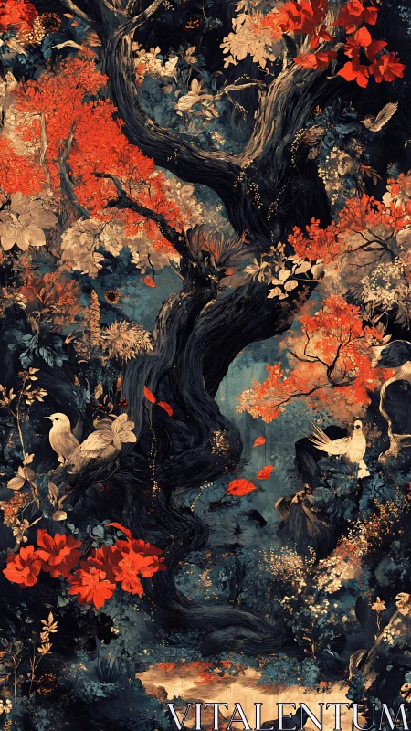 Autumn forest scene with gnarled tree and white birds.