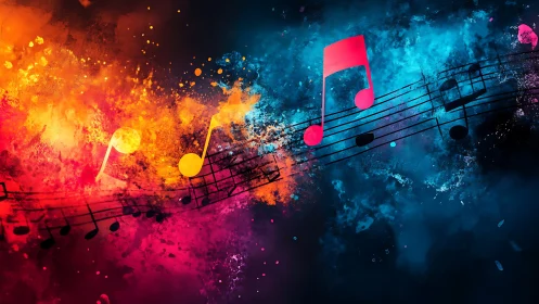Color-splashed music notes dancing through glowing skies.