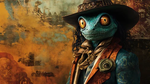 Dapper blue lizard gentleman stands amid rustic fantasy hues