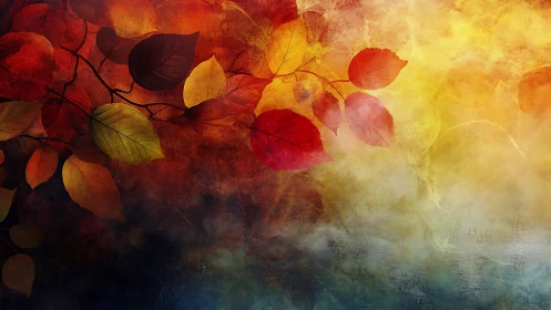 Autumn foliage drifts through textured warm misty gradient background.