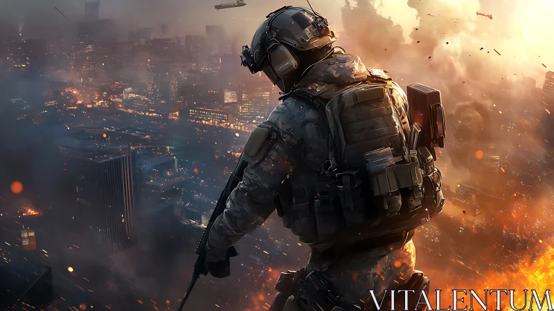 Heavily armed soldier overlooking burning modern city.