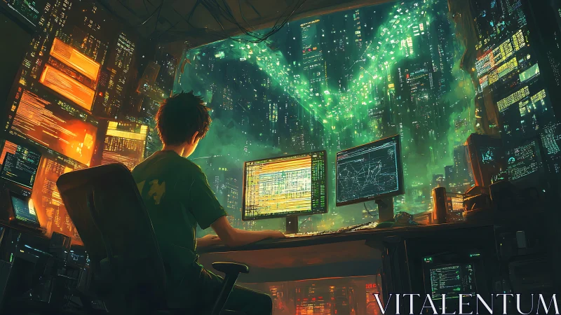 Solitary hacker monitors neon city data streams at night.