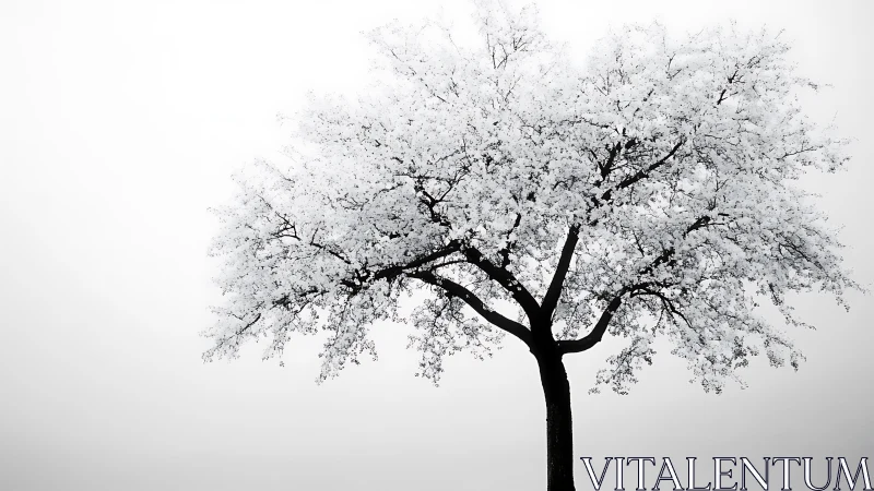 Solitary blooming tree in stark white minimalist landscape.