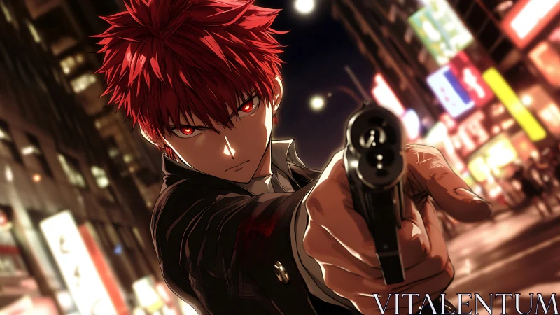 Red haired vigilante owning the neon city night standoff.