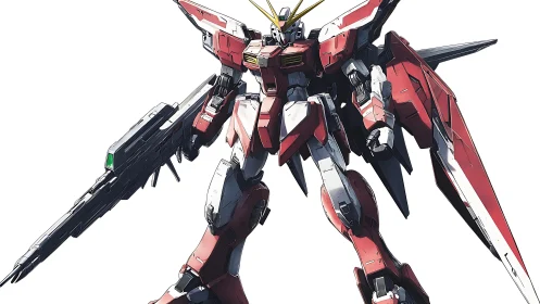 Red combat mecha stands ready with rifle and winged armor.