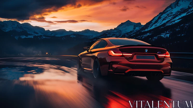 Red sports coupe powers through alpine pass at sunset.
