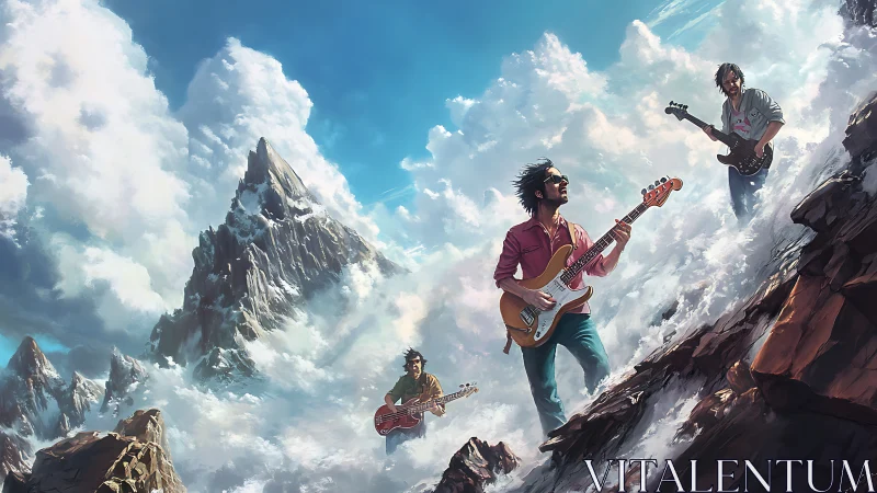 Rock guitarists stride across ethereal mountain clouds.