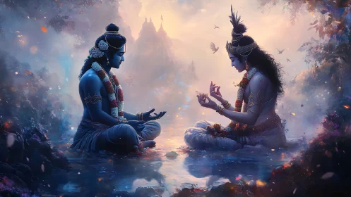 Divine blue figures meditating beside luminous forest pool.