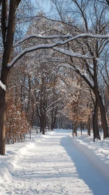 Snow-covered park pathway under arching deciduous tree canopy
