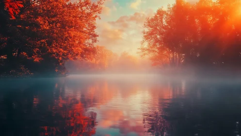 Autumn forest lake under low mist and warm sunrise light.