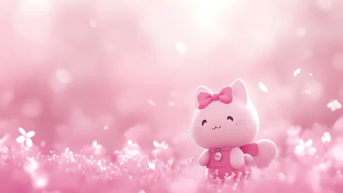 Monochrome pink cat figurine in depth‑blurred floral field.