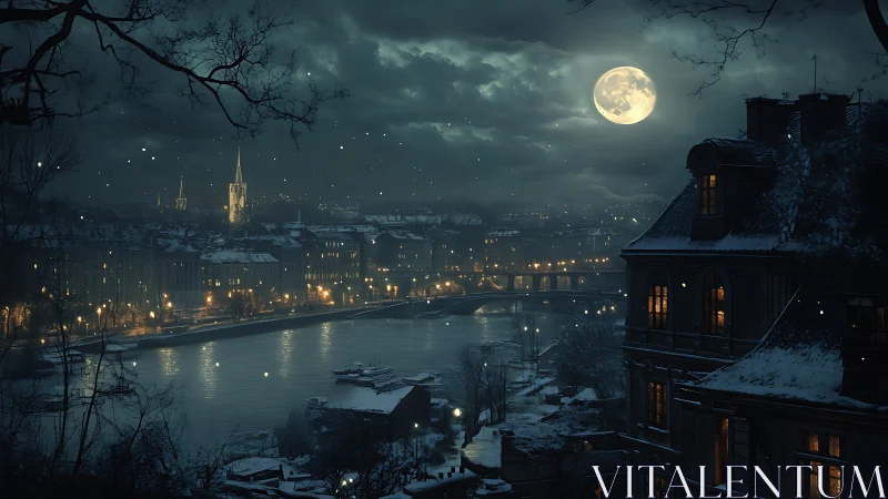 Moonlit winter river city glows softly under falling snow