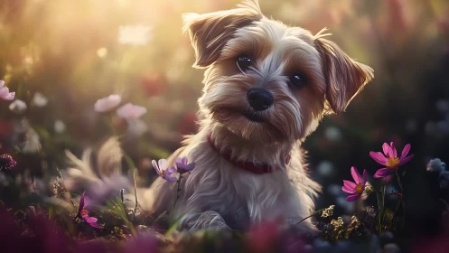 Terrier in Wildflower Garden: Soft Light Digital Illustration.