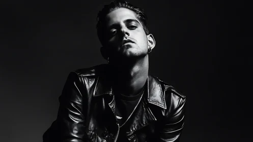 Moody male portrait in leather jacket, stark low-key lighting.