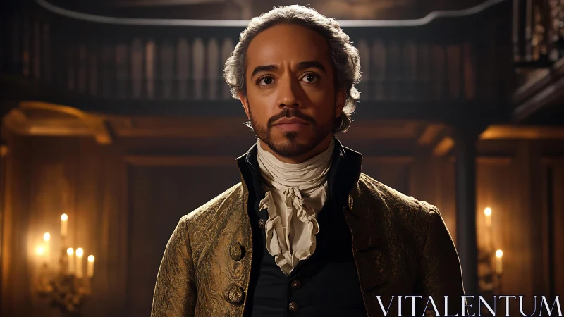 Regal nobleman in candlelit hall wears ornate gold coat