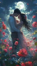 Moonlit Romance Amid Crimson Roses.
