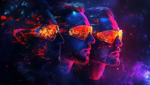Three male silhouettes in neon cyberpunk visor profiles.