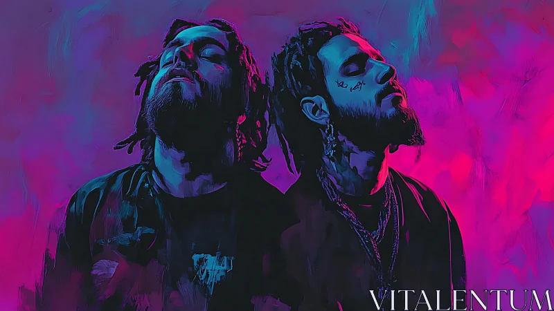 Neon drenched duo lost in sound and glowing color haze.