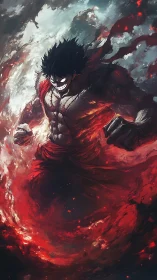 Storm-wreathed warrior erupting from crimson inferno vortex.