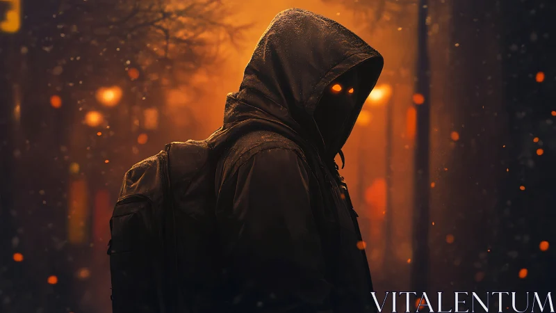 Hooded wanderer walks through a glowing, emberswept night street