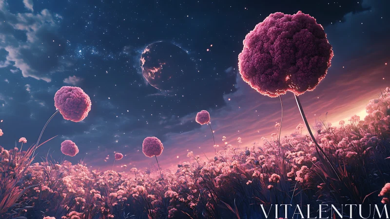 Alien bloom meadow unfolds beneath luminous cosmic sky.
