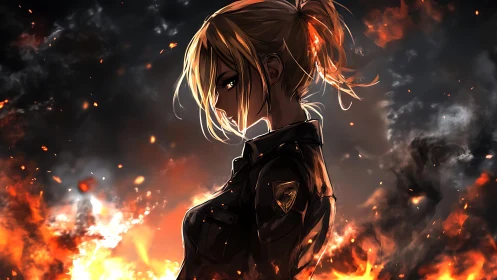 Side profile view shows anime soldier amid rising flames