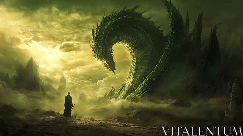 Solitary warrior confronting colossal serpent in misted abyss.