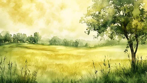 Watercolor landscape of open field with distant tree line.