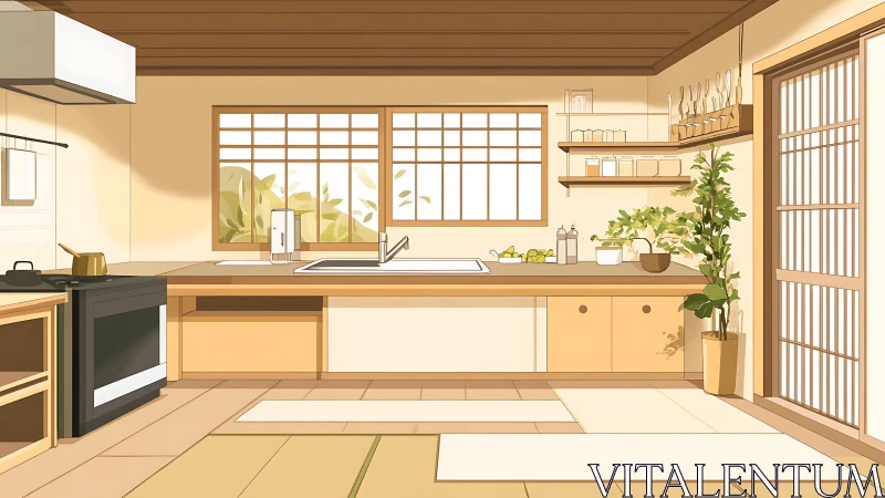 Minimalist Japanese style kitchen interior with wood surfaces.