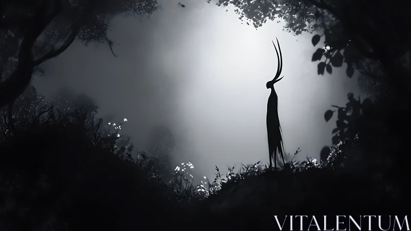 Tall horned silhouette stands alone in misty forest clearing.